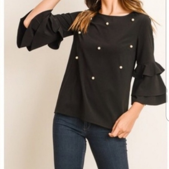 Last 1🌷Black pearl detail ruffle sleeved top - Picture 5 of 8